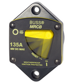 Blue Sea 135A thermal circuit breaker with yellow reset lever and panel mount housing
