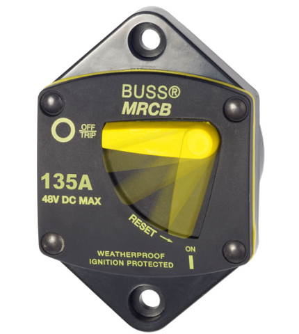 Blue Sea 135A thermal circuit breaker with yellow reset lever and panel mount housing