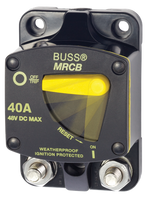 Blue Sea 187-Series 40A surface mount thermal circuit breaker with yellow reset lever and stud terminals