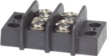 Black 2-circuit 20A terminal block with zinc-plated screw terminals and mounting flanges