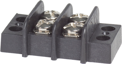 Black 2-circuit 20A terminal block with zinc-plated screw terminals and mounting flanges