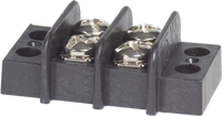 Black 2-circuit 20A terminal block with zinc-plated screw terminals and mounting flanges
