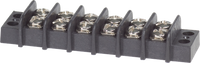 Black 6-circuit terminal block with twelve screw terminals and protective isolation barriers