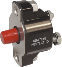 20A manual reset-only circuit breaker with red actuator and ignition protected housing