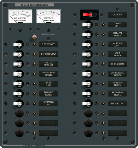 Blue Sea DC distribution panel with 22 positions, dual analog meters and backlit circuit labels