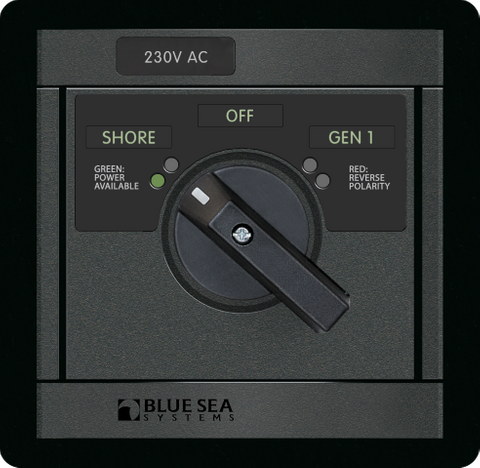 Front view of 230V 65A rotary AC source selector switch panel with shore and generator inputs