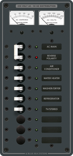 Blue Sea 230V 16A main and 8 position AC electrical distribution panel with analog meters and backlit labels