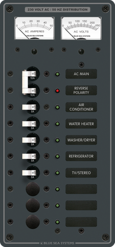 Blue Sea 230V 16A main and 8 position AC electrical distribution panel with analog meters and backlit labels