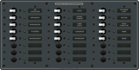 Blue Sea 24-position 230V AC distribution panel with 8A circuit breakers and status LEDs