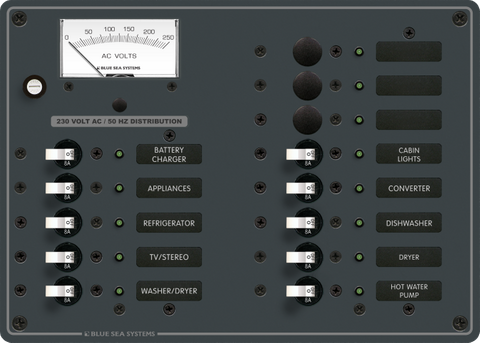 Blue Sea 230V AC 13-position marine distribution panel with analogue voltmeter and backlit labels