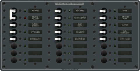 Front view of 22-position 230V AC marine distribution panel with grey finish and backlit toggle switches