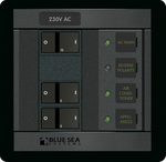 Blue Sea 230VAC 2 position Panel 360 distribution panel with rocker switches and green LED indicators