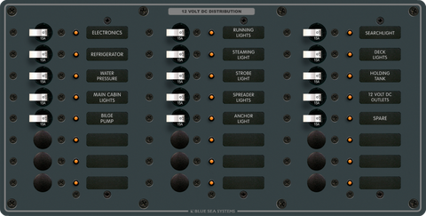 Front view of Blue Sea 24-position DC distribution panel with toggle switches and backlit labels