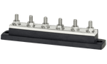 Side view of 250A busbar with six 5/16 inch studs, tin-plated copper plate and black insulating base