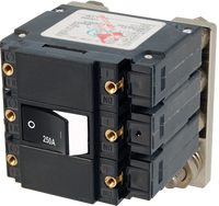 Triple-pole 250A flat rocker circuit breaker with white off-position indicator and threaded mounting points