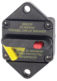 Blue Sea 25A thermal circuit breaker with yellow reset lever and red trip button for panel mounting