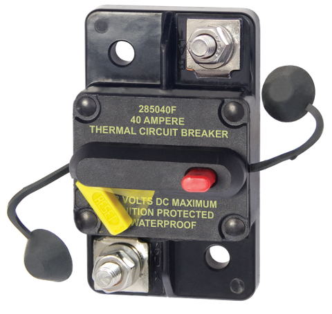 Blue Sea 285-Series 40A surface mount thermal circuit breaker with yellow reset lever and red trip button