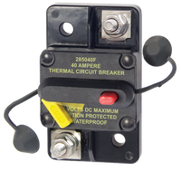 Blue Sea 285-Series 40A surface mount thermal circuit breaker with yellow reset lever and red trip button