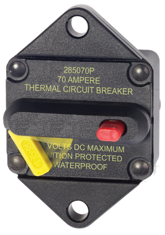 Front view of a black 70A thermal circuit breaker with a yellow reset lever and red test button