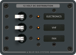 Front view of 3-position 12V DC distribution panel with 15A breakers, LED indicators and backlit labels