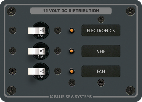Front view of 3-position 12V DC distribution panel with 15A breakers, LED indicators and backlit labels
