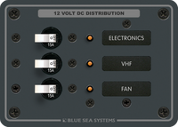 Front view of 3-position 12V DC distribution panel with 15A breakers, LED indicators and backlit labels