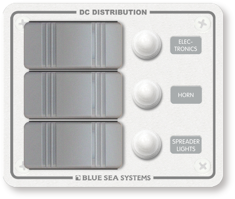 White Blue Sea 3-position marine DC distribution panel with grey rocker switches and waterproof circuit breaker boots