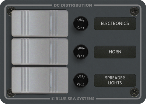 Slate grey Blue Sea 3-position DC switch panel with fused rocker switches and circuit labels