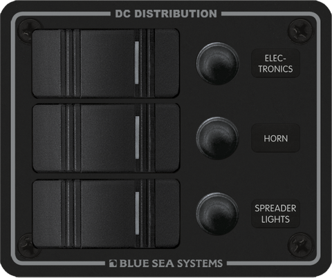 Black 3-position marine DC distribution switch panel with rocker switches and waterproof circuit breakers