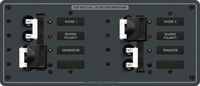 Front view of a 3-source AC distribution panel with circuit breakers, status LEDs and source lockout slides