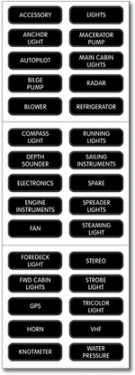 Sheet of 30 high-contrast black labels with white text for marine DC electrical panels