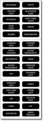 Sheet of 30 high-contrast black labels with white text for marine DC electrical panels