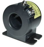 Black AC current transformer with central aperture, screw terminals, and a flanged mounting base