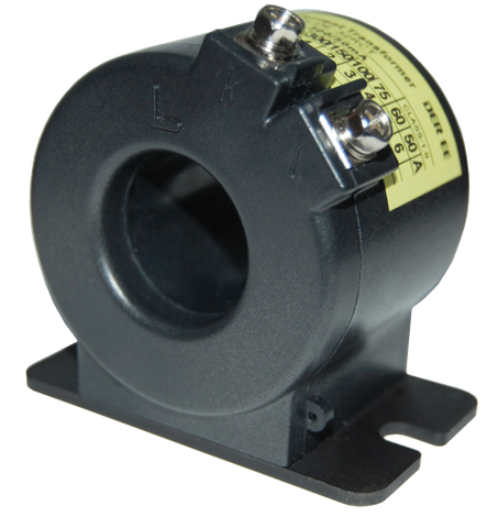 Black AC current transformer with central aperture, screw terminals, and a flanged mounting base