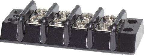 Blue Sea 4-circuit 30A terminal block with isolated screw pairs and black moulded barriers