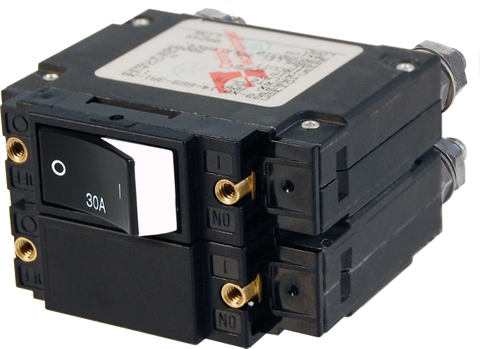 Blue Sea 30A AC double-pole raised rocker circuit breaker with black housing and white rocker switch