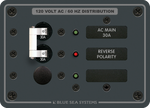 Blue Sea 30A AC distribution panel with main circuit breaker, status LEDs and reverse polarity warning indicator