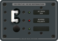 Blue Sea 30A AC distribution panel with main circuit breaker, status LEDs and reverse polarity warning indicator