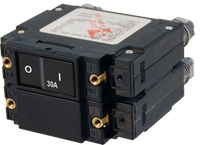 Blue Sea 30A double-pole circuit breaker featuring a black flat rocker actuator and threaded mounting points