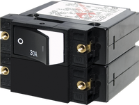 Blue Sea 30A double-pole circuit breaker with black raised rocker switch and brass mounting inserts