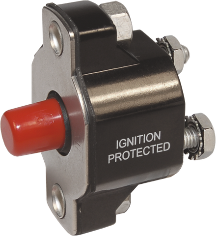 Blue Sea 30A push button reset-only circuit breaker with red actuator and metal mounting faceplate
