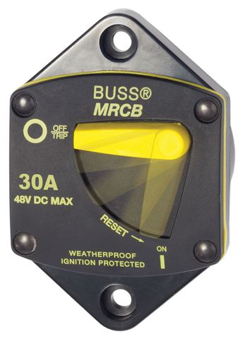 Front view of a 30A 48V DC panel mount thermal circuit breaker with yellow reset lever