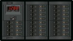 Blue Sea 360 DC panel featuring a digital multimeter and 19 labeled circuit breaker positions with LED indicators