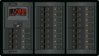 Blue Sea 360 DC panel featuring a digital multimeter and 19 labeled circuit breaker positions with LED indicators