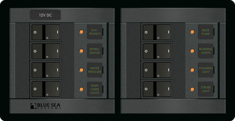 Blue Sea Panel 360 8-position 12V distribution panel with circuit breakers and illuminated labels