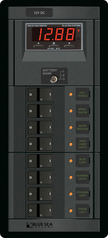 Blue Sea 360 8-position 12V circuit breaker distribution panel with digital multimeter