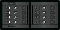 Blue Sea 360 Series 8-position horizontal distribution panel with rocker switches and 10A breakers
