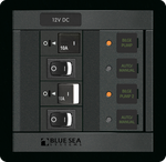 Front view of dual bilge pump switch panel with 10A breakers and backlit status indicators
