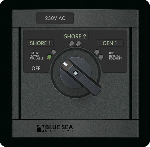 Blue Sea 360 rotary AC source selector switch panel with 230V 30A rating and LED indicators