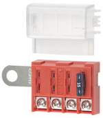 Blue Sea 4-circuit battery terminal fuse block with clear insulating cover and screw terminals for ATO fuses